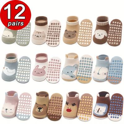 12 Paia Calzini Antiscivolo Bambini – Animali Cartoni, Stabilità e Sicurezza, Unisex Tutte le Stagioni