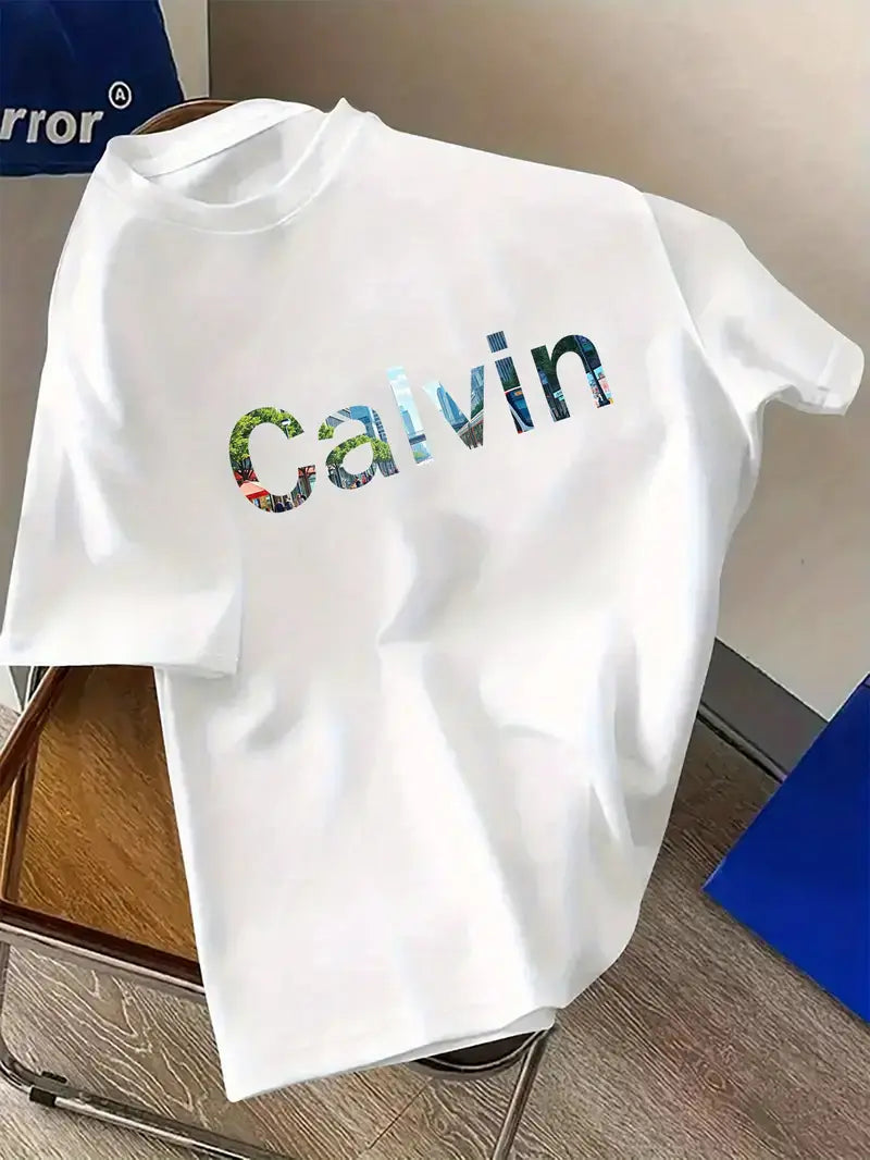 CALVIN Maglietta Casual da Uomo Nera con Grafica di Lettere Audaci - Girocollo in Poliestere Morbido per Abbigliamento Estivo Urbano, Lavabile in Macchina per l'Uso Quotidiano