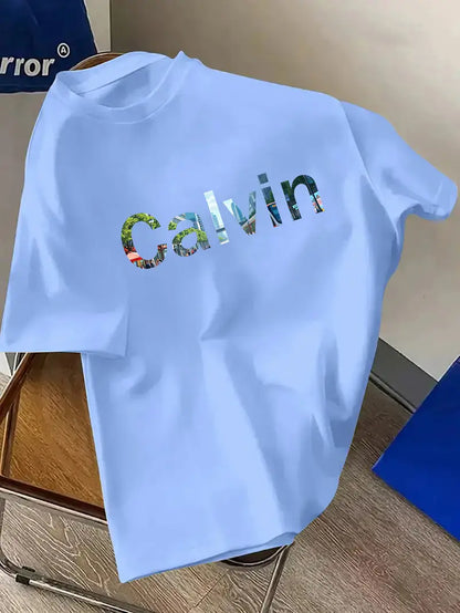 CALVIN Maglietta Casual da Uomo Nera con Grafica di Lettere Audaci - Girocollo in Poliestere Morbido per Abbigliamento Estivo Urbano, Lavabile in Macchina per l'Uso Quotidiano